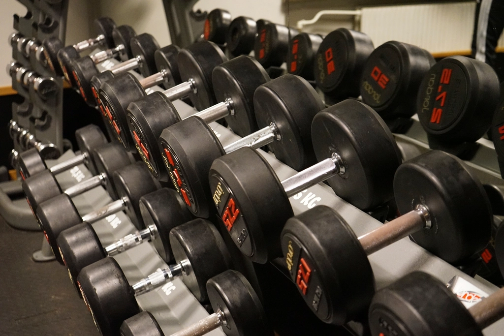 Rack de halteres em academia de musculação
