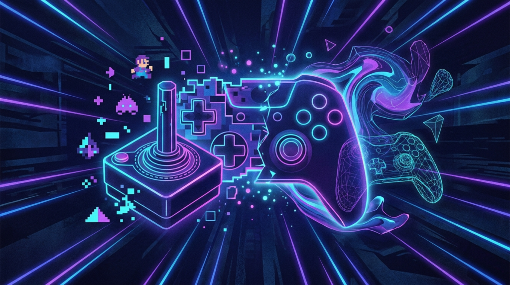 Ilustração de controle de videogame com luzes neon