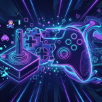 Ilustração de controle de videogame com luzes neon