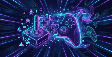 Ilustração de controle de videogame com luzes neon