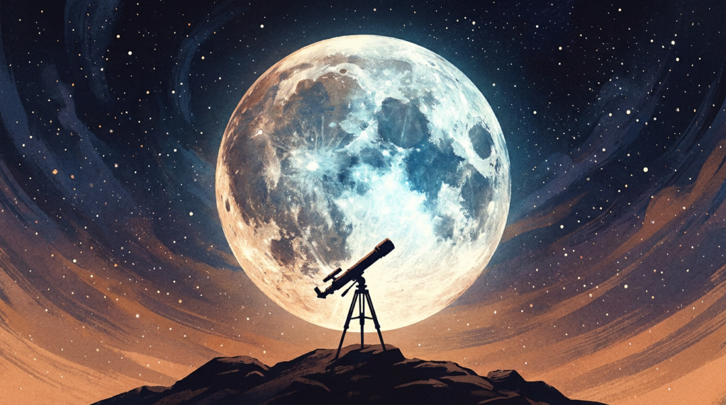 Ilustração da Lua com crateras vista de um telescópio