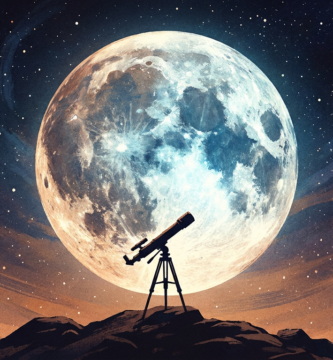 Ilustração da Lua com crateras vista de um telescópio