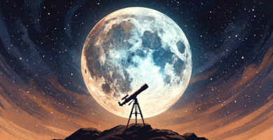 Ilustração da Lua com crateras vista de um telescópio