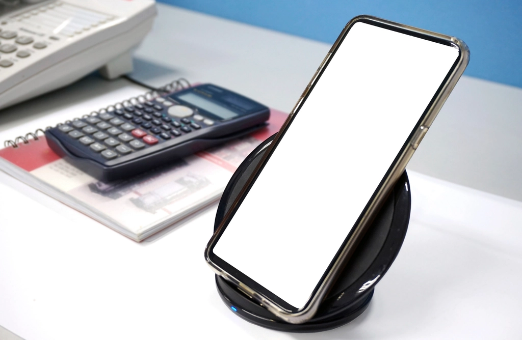 Celular sobre um carregador portátil sem fio