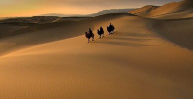 Caravana de camelos atravessando o deserto na antiga Rota da Seda