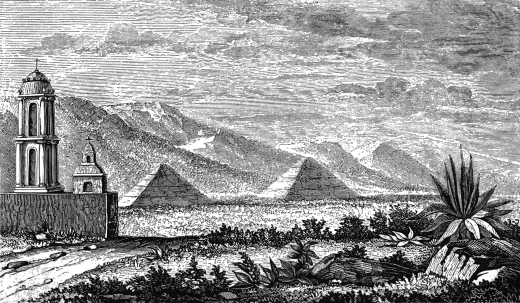 Gravura antiga das pirâmides de Teotihuacan, no México