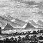 Gravura antiga das pirâmides de Teotihuacan, no México