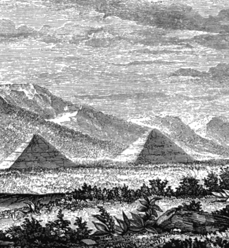 Gravura antiga das pirâmides de Teotihuacan, no México