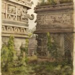 Pintura de ruínas maias em Chichen Itza, tomadas pela vegetação