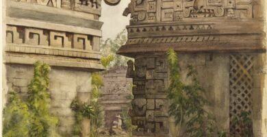 Pintura de ruínas maias em Chichen Itza, tomadas pela vegetação