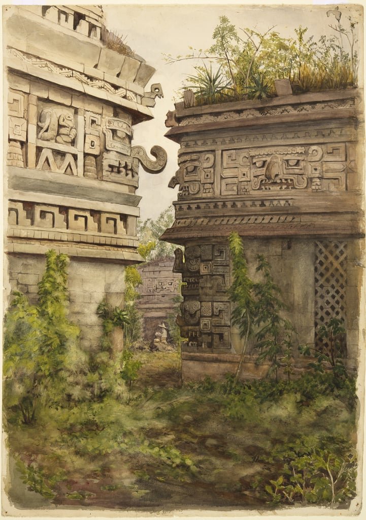 Pintura de ruínas maias em Chichen Itza, tomadas pela vegetação